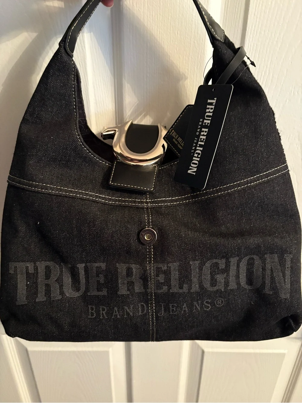 True Religion Black Denim Hobo Bag with Silver Hardware